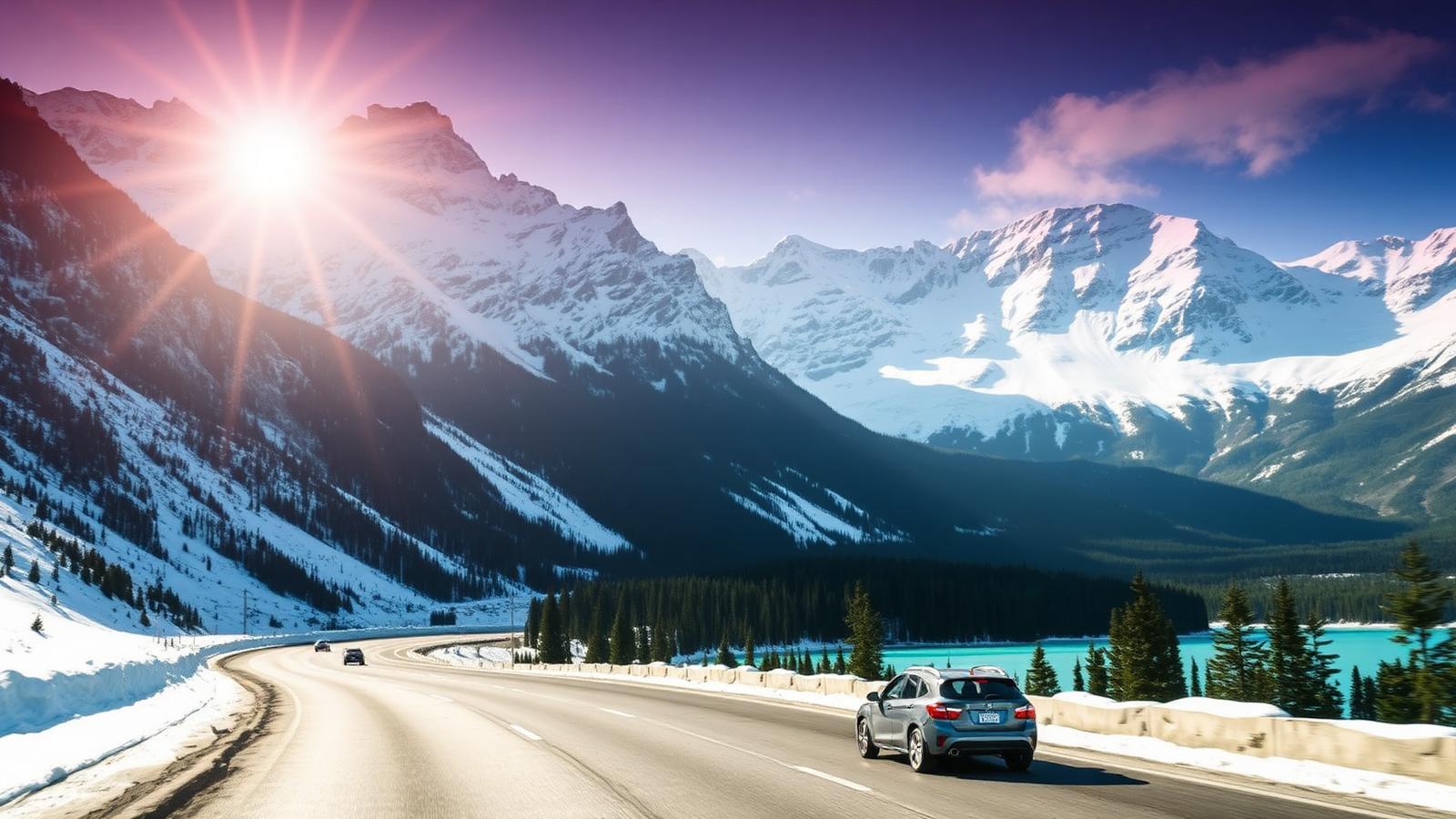 Car driving the Icefields Parkway through the Canadian Rockies