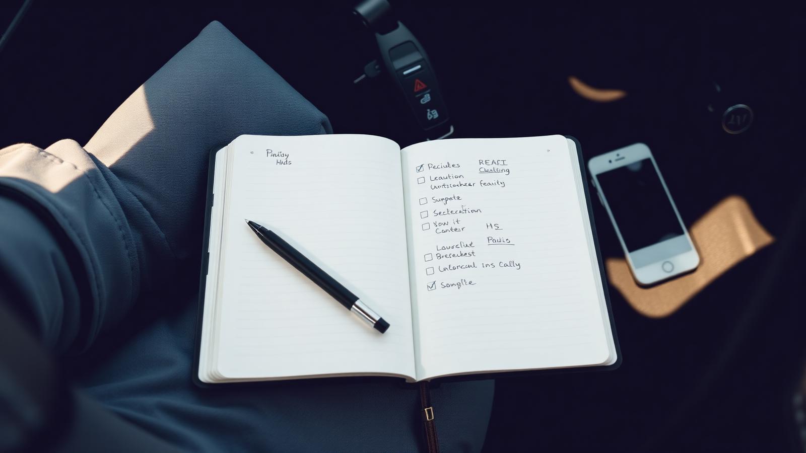 Notebook with rental listing terms handwritten on the page