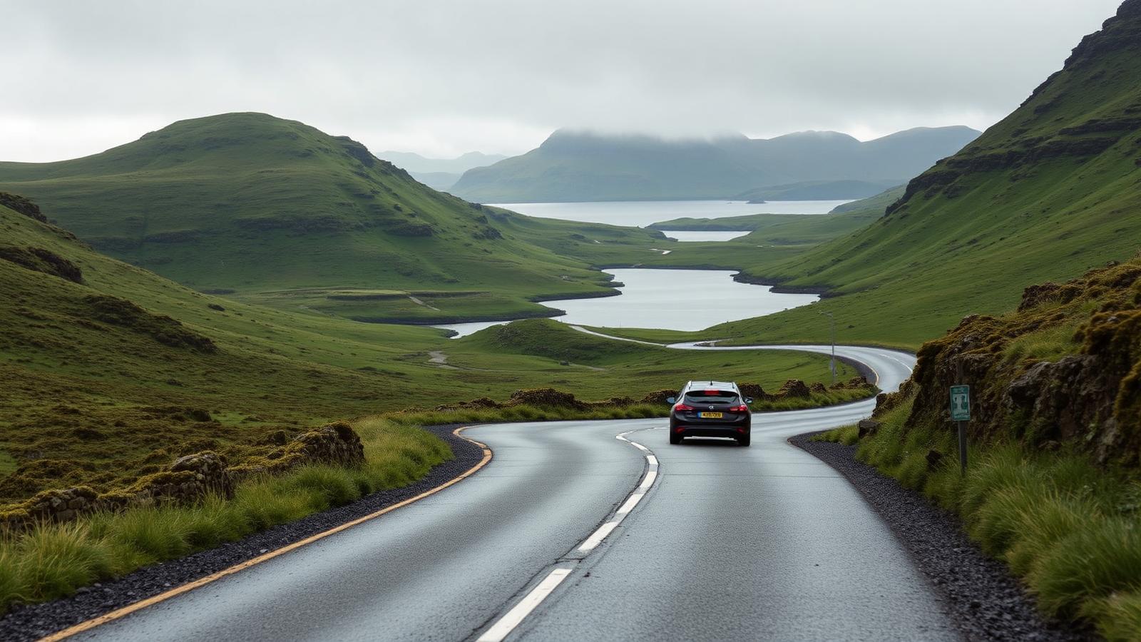 Small car on a Scottish Highlands single-track road beside a loch