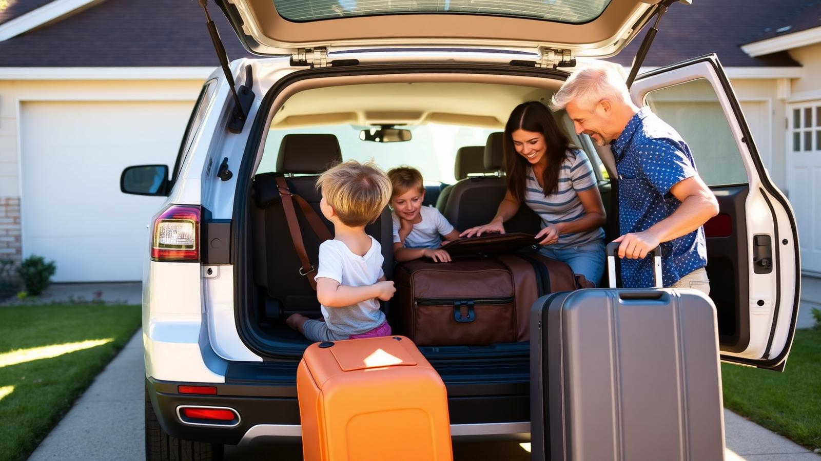 Family loading suitcases into an SUV before a road trip