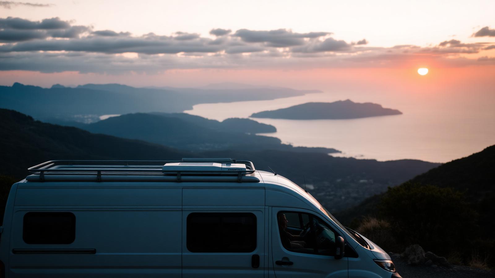 Campervan parked at a coastal overlook at sunset