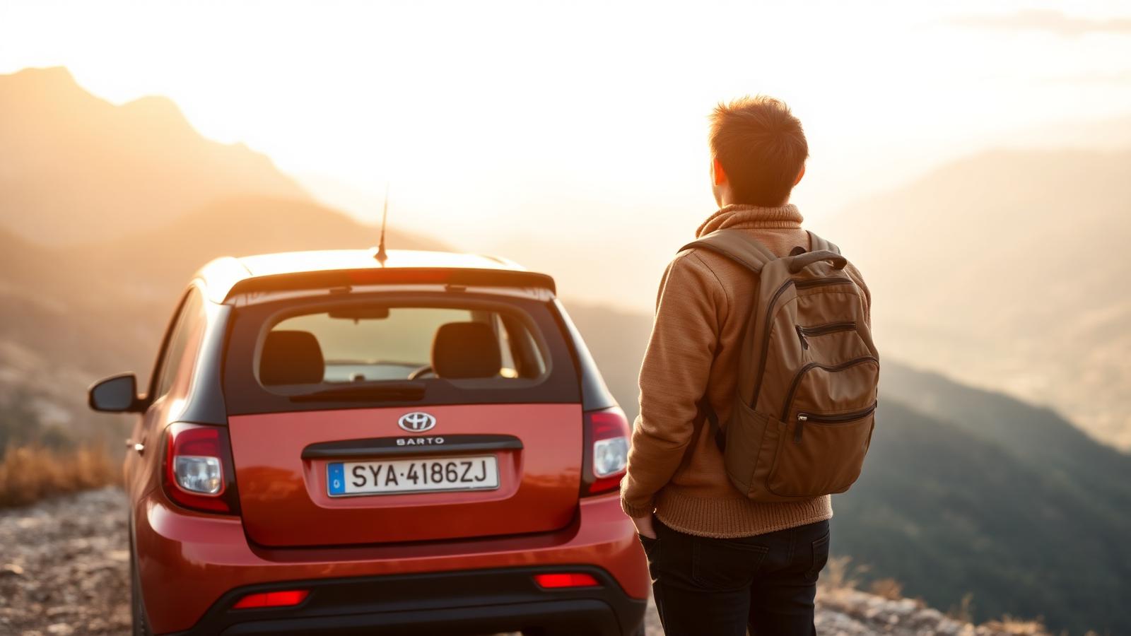 Solo traveller with a backpack next to a small rental car at a mountain viewpoint