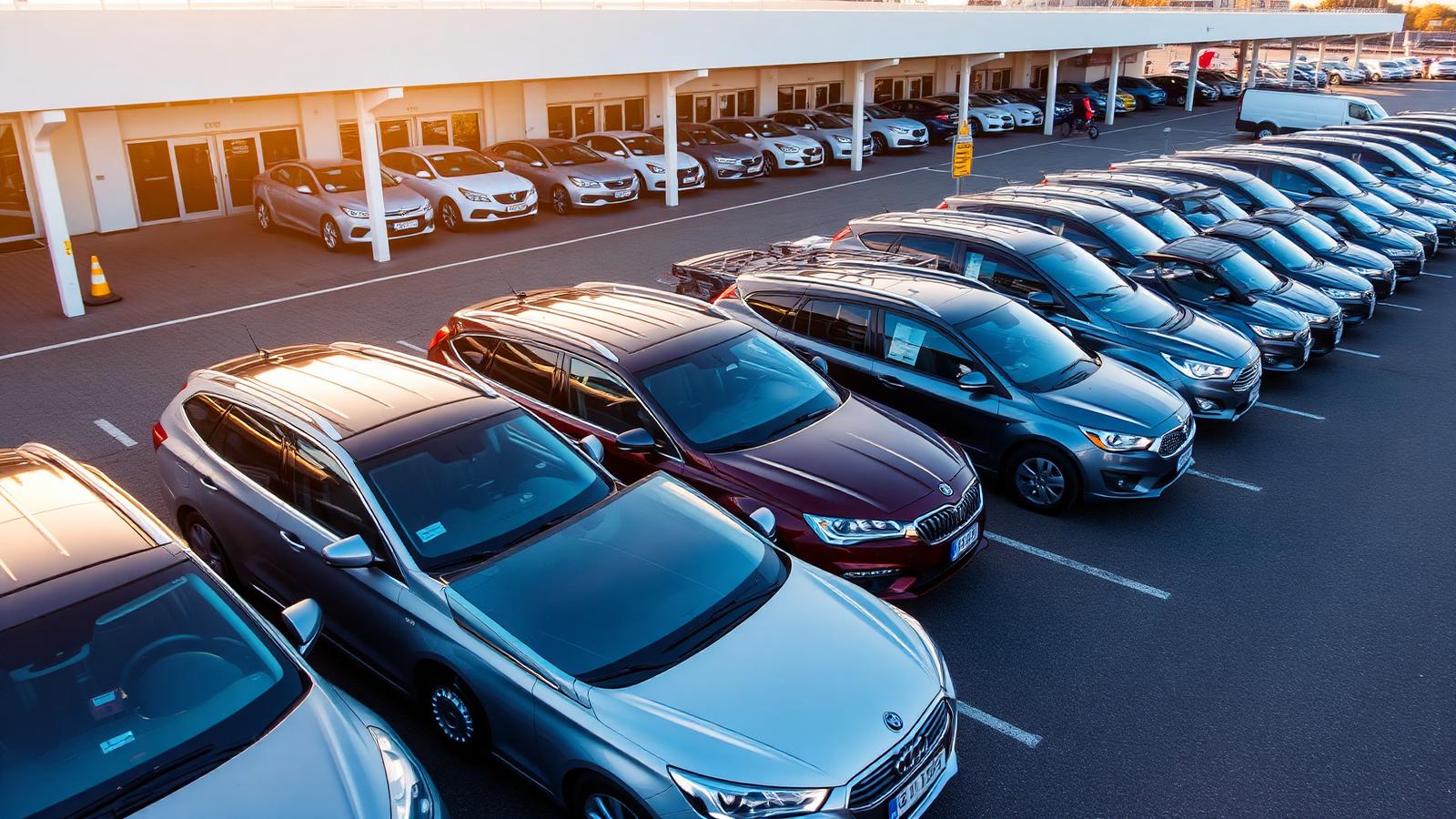 Rows of rental cars parked at an airport depot
