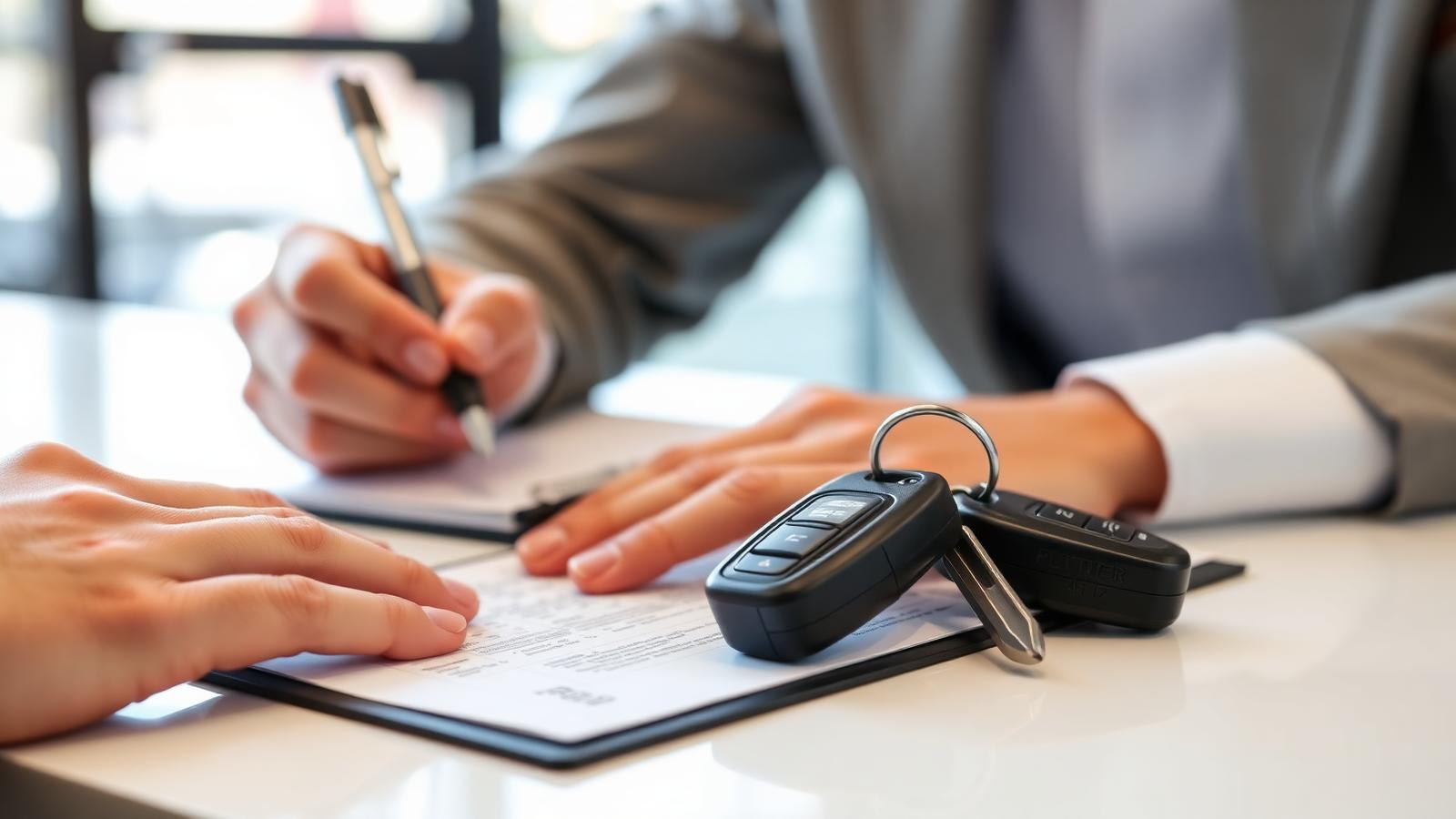 Renter signing an insurance agreement beside a set of car keys